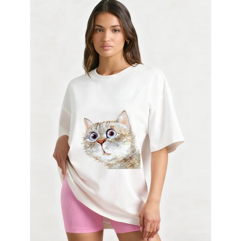 Футболка оверсайз с принтом морды черного кота, повседневная одежда для женщин