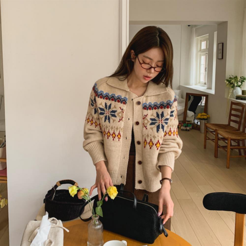 New Arrivals Open Run Women Wool Blend Snowflake Design Big Collar Knit Cardigan