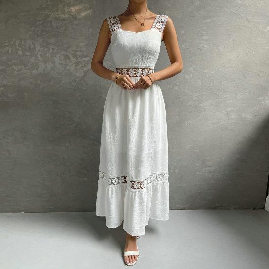 Однотонное платье на бретельках без рукавов с открытой спиной и высокой талией, свободное кружевное платье трапециевидной формы в стиле пэчворк