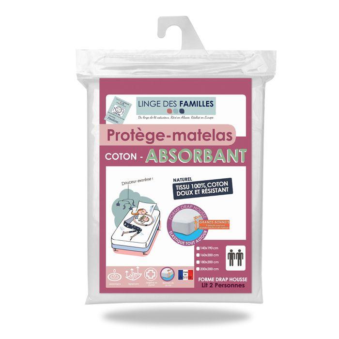 Protège Matelas 180x200 cm - Doux et Absorbant - Molleton 100% Coton - Grand Bonnet 30 cm - Linge des Familles