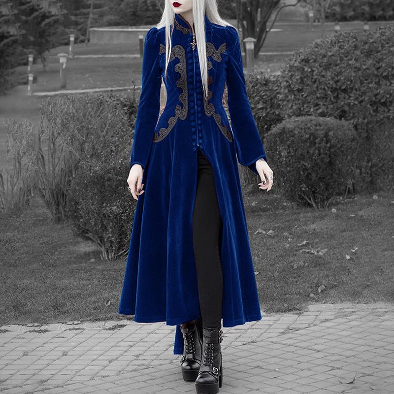 FiveFive Autumn Winter Trench Coat Outerwear Medieval Cosplay Costume Women Fashion Long Sleeve Velvet Tailcoat Jacket Vintage Gothic Long Dress Coat