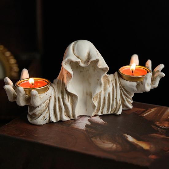 Halloween Grim Reaper Candle Holder Gothic Grim Reaper Statue Resin Candlestick Desktop Decoration for Halloween Home Decor