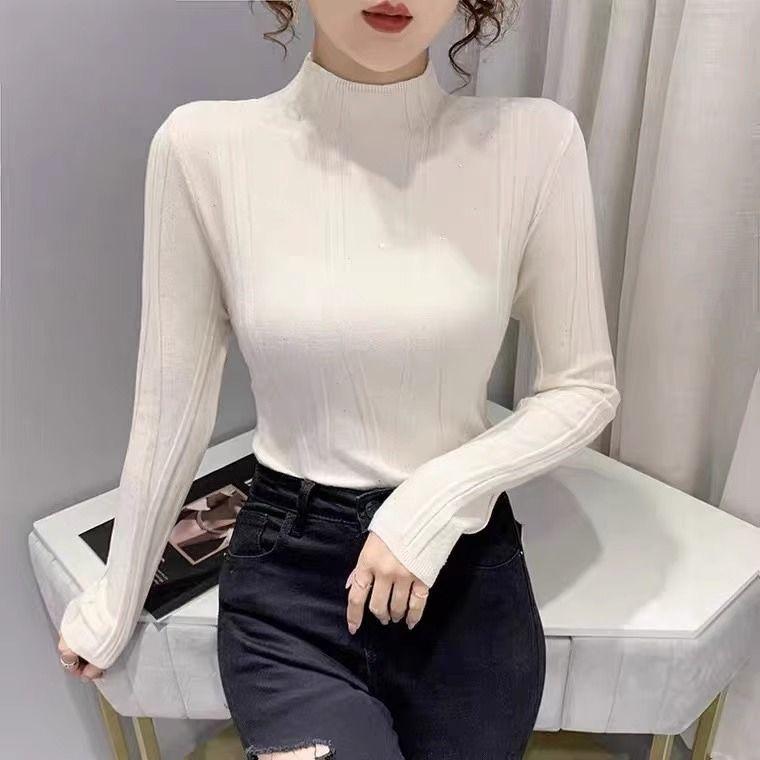 Женская зимняя водолазка в корейском стиле с высоким воротом и ромбовидной инкрустацией, трикотажный топ