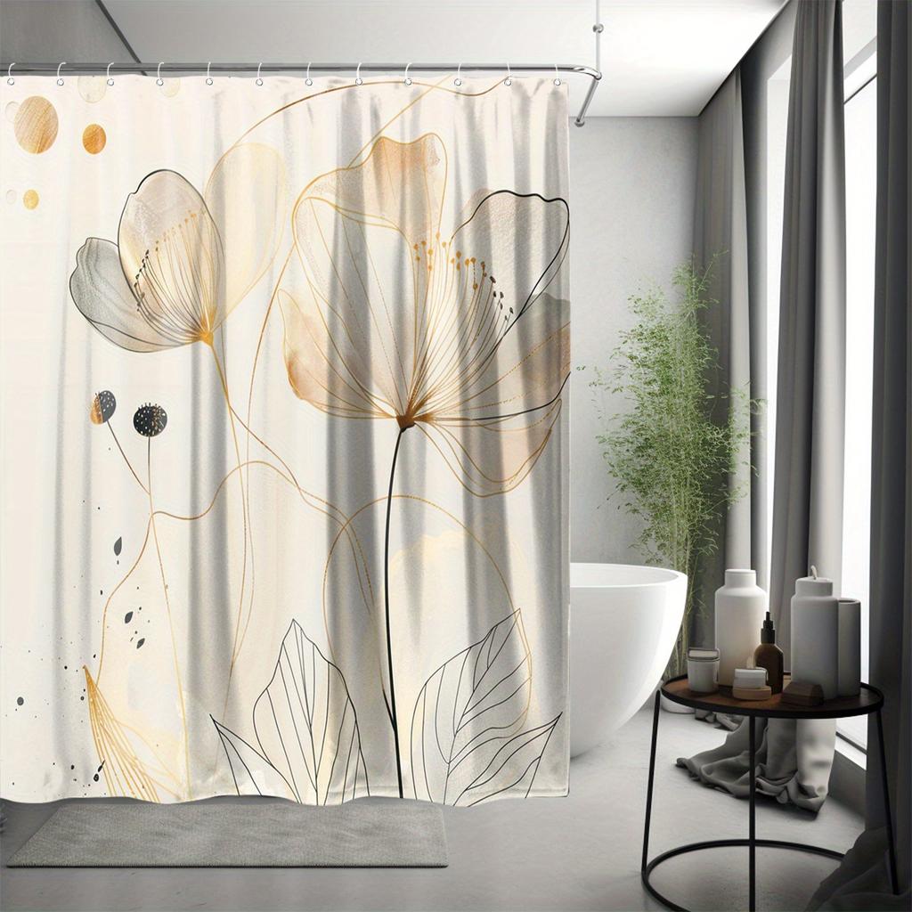 Elegant Beige And White Abstract Floral Waterproof Shower Curtain – Ideal For Adding A Soft And Stylish Touch To Your Bathroom