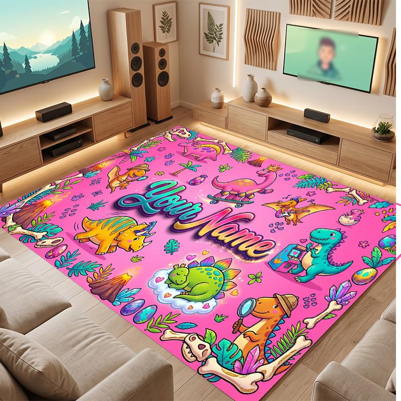 Dinosaur Theme Soft Crystal Velvet Rug Custom Name & Text Print Non Slip Floor Rug for Bedroom Living Room