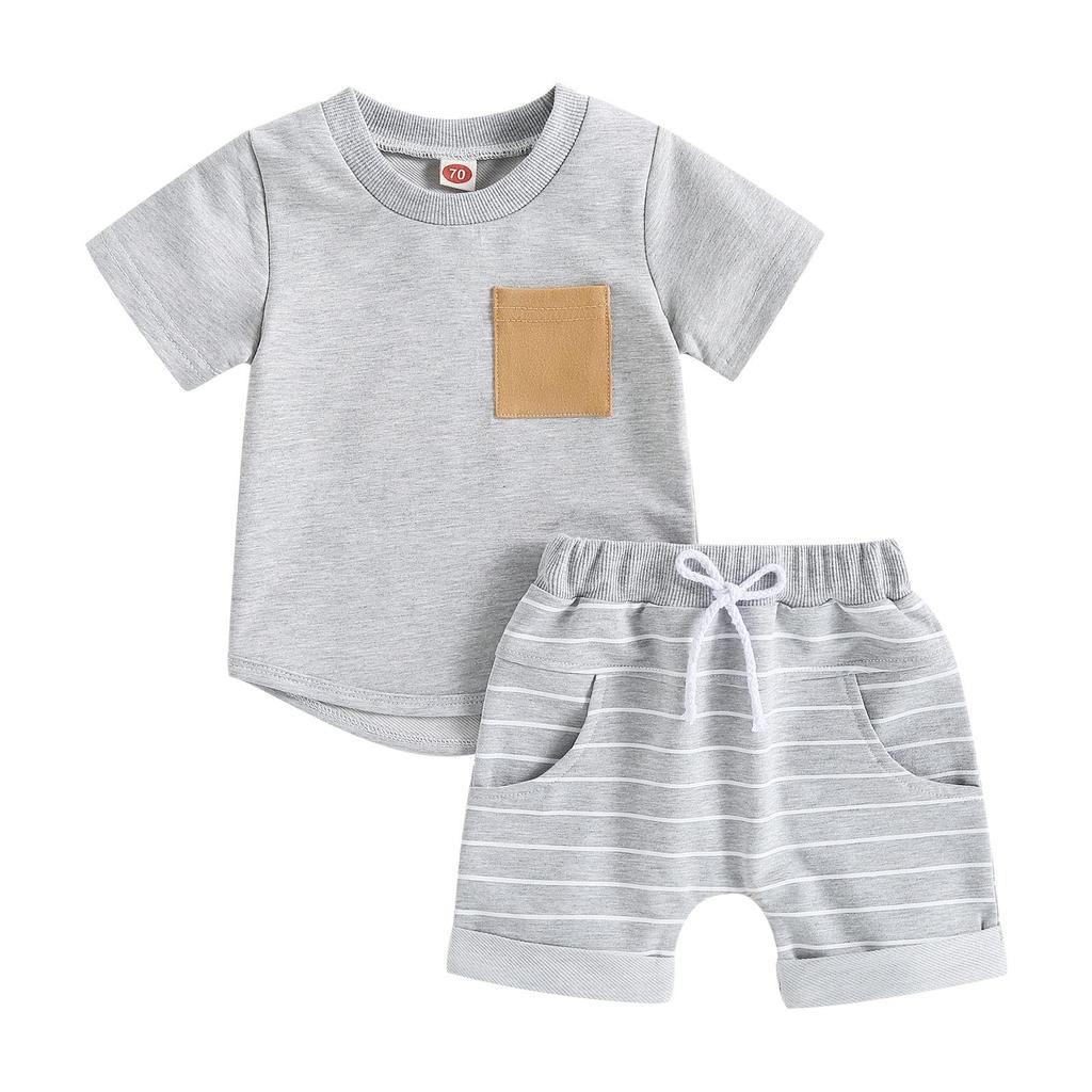 Toddler Baby Boy Summer Clothes Color Block Short Sleeve T-Shirt Tops Solid Shorts Set 2Pcs Infant Causal Outfits