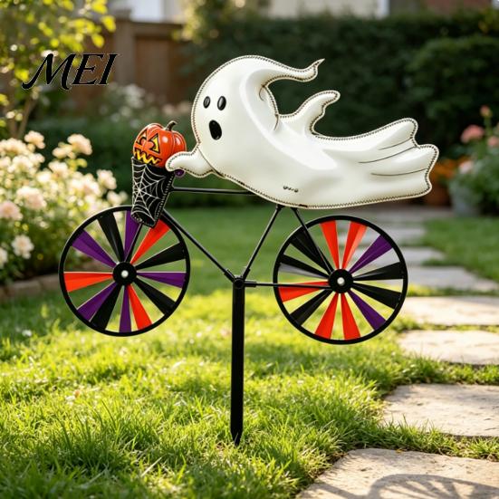 Yard Art for Garden Halloween Wizard/Ghost/Black Cat/Skeleton Bicycle Ground Stake Ornament, Metal Stakes, Patio And Balcony Ornaments Decorative