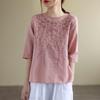 Women  Casual T-shirts  Summer Cotton Linen Vintage Style Floral Embroidery Loose Female Half Sleeve Tops Tees