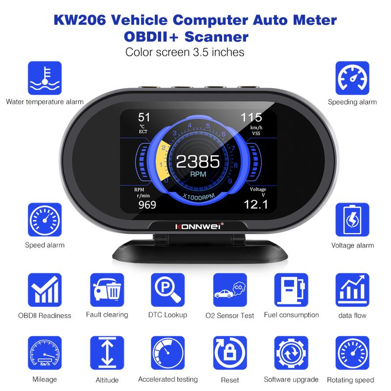 KONNWEI KW206 Бортовой компьютер автомобиля OBD2 Цифровой дисплей Автосканер OBD 2 Расход топлива Датчик температуры воды