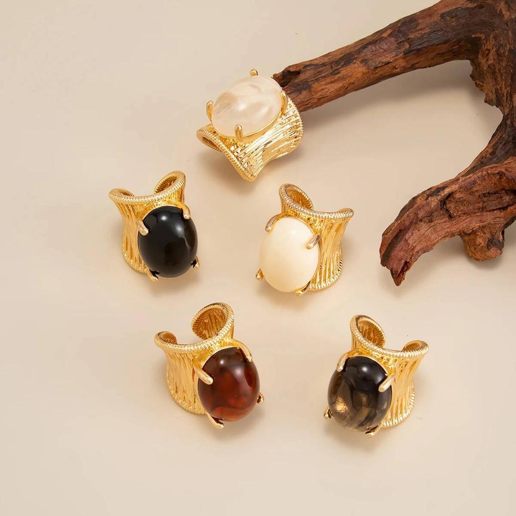 Salircon Exaggerated Vintage Elegant Black Brown Resin Acrylic Stone Chunky Metal Ring for Women Elegant Jewelry Gift 2026 New