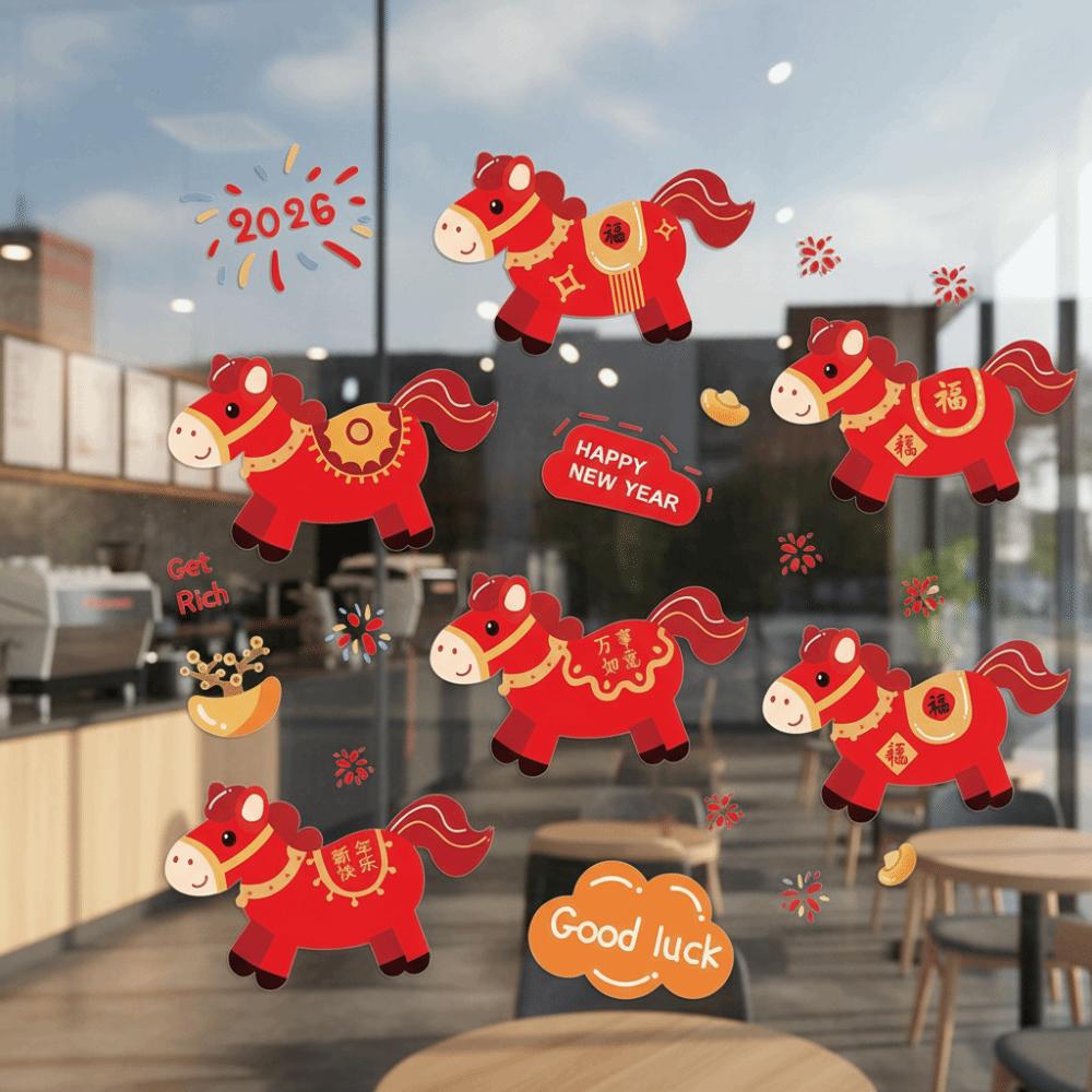 Red New Year Window Stickers Large Size Waterproof Glass Electrostatic Film Transparent Funny 2026 Horse Year Stickers