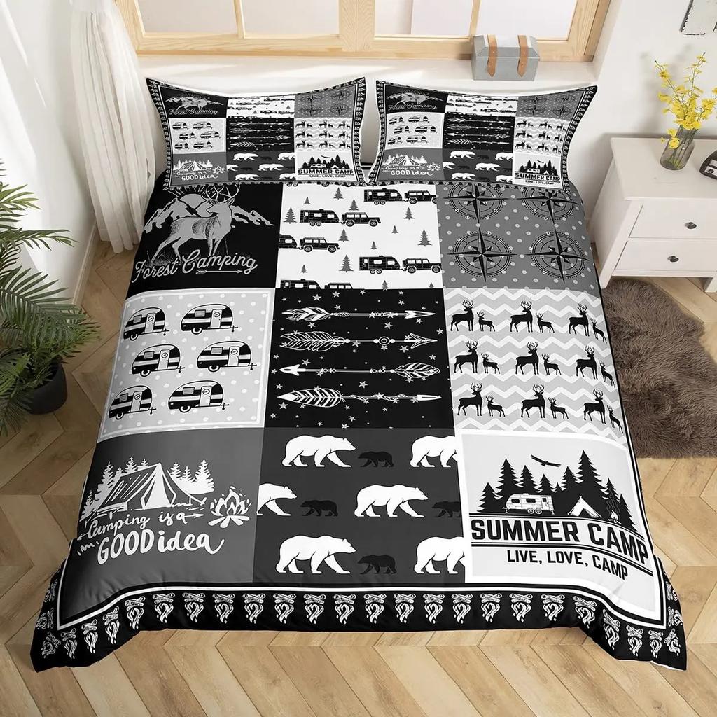 Happy Camping Duvet Set Retro Style Bedding Set Three-Piece Set