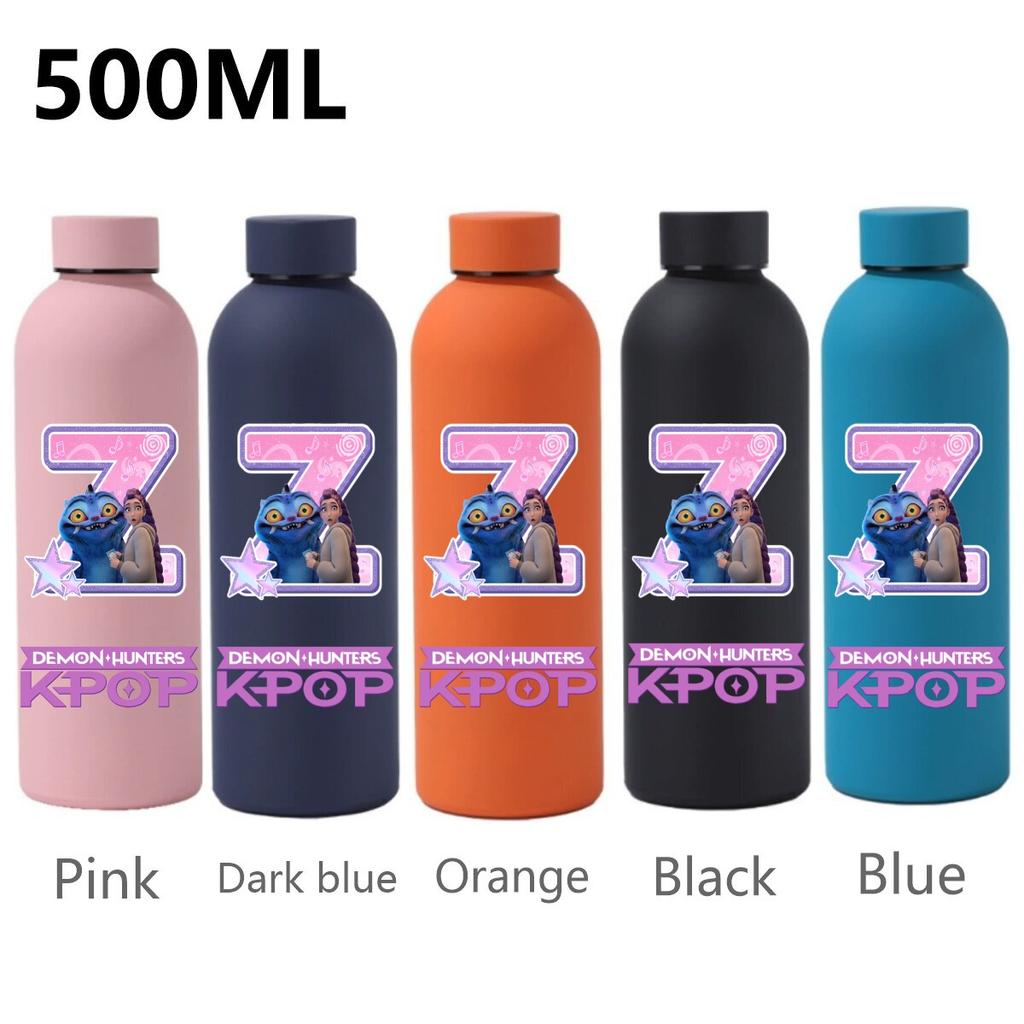 500ML KPop Demon Hunters Sport Leak Proof Stainless Steel Insulated Mug Water Cup Letter Number Cartoon Print Birthday Gifts