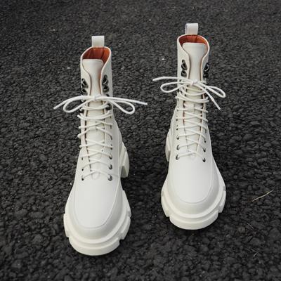 Зимние новые женские ботинки на шнуровке с круглым носком и толстой подошвой из натуральной кожи черного и белого цвета, универсальная обувь на платформе