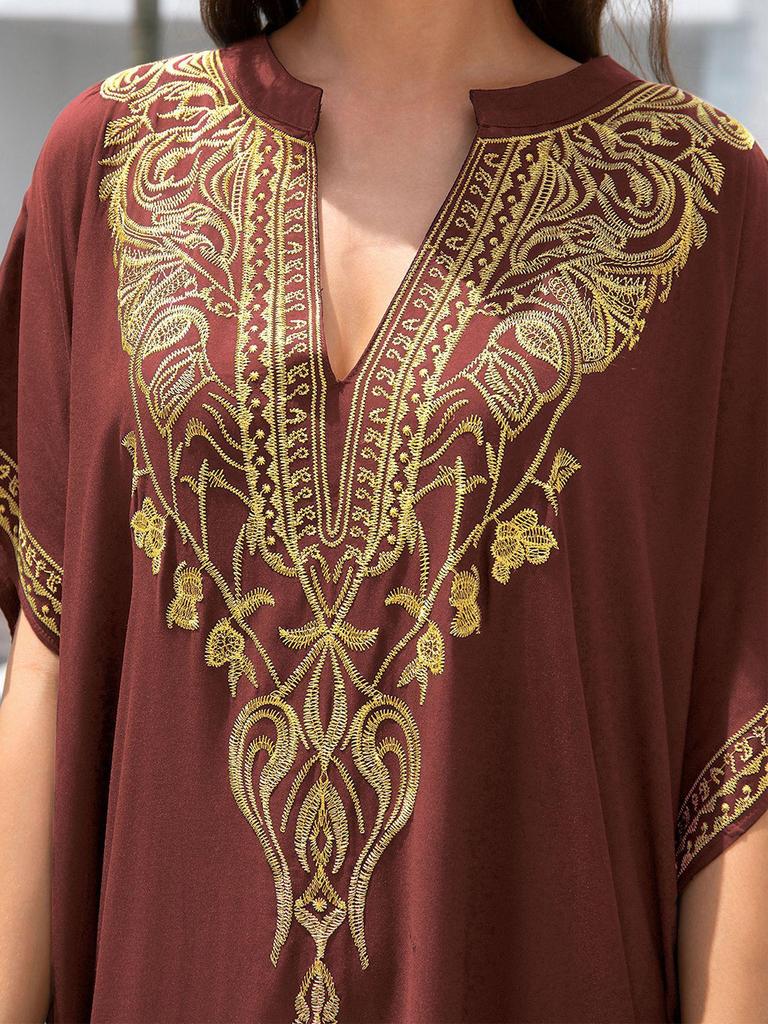 Women's Loose Long Beach Cover-up: Rayon Embroidery Bikini Sunscreen Robe