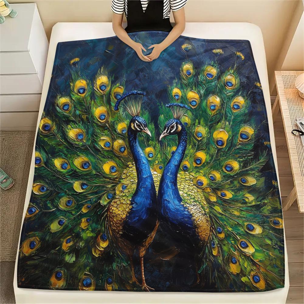 Peacock Spreading Its Tail Print Flannel Blanket, High quality Comfortable for All Seasons, Home Decor, Warmth and Comfort