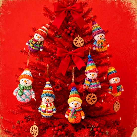 Деревянные елочные игрушки снеговики, красочные фигурки снеговиков в шапках с помпонами, праздничное украшение для рождественской елки