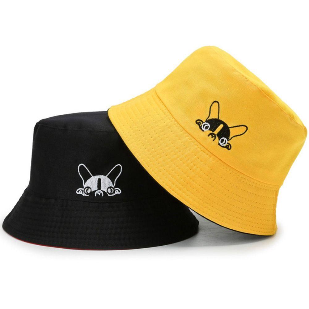 Foldable Bucket Hat Cute Dog Embroidered Fisherman Cap Portable Outdoor Sun Caps  Sun Protection