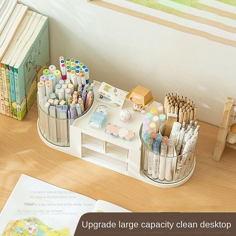 Double Rotation Drawer Pen Holder Desk Stationery Storage Pencil Container Students