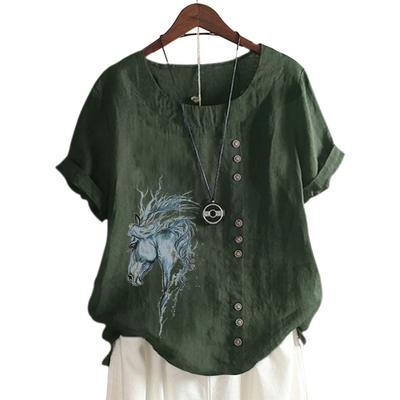 Современная женская хлопковая футболка с привлекательным принтом и яркими пуговицами