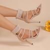 2025 New Women Gladiator Sandals Sexy Open Toe Rhinestone Pearl Ankle Band Wrap Zipper Cover Heels Thin HIgh Heel Roman Shoe
