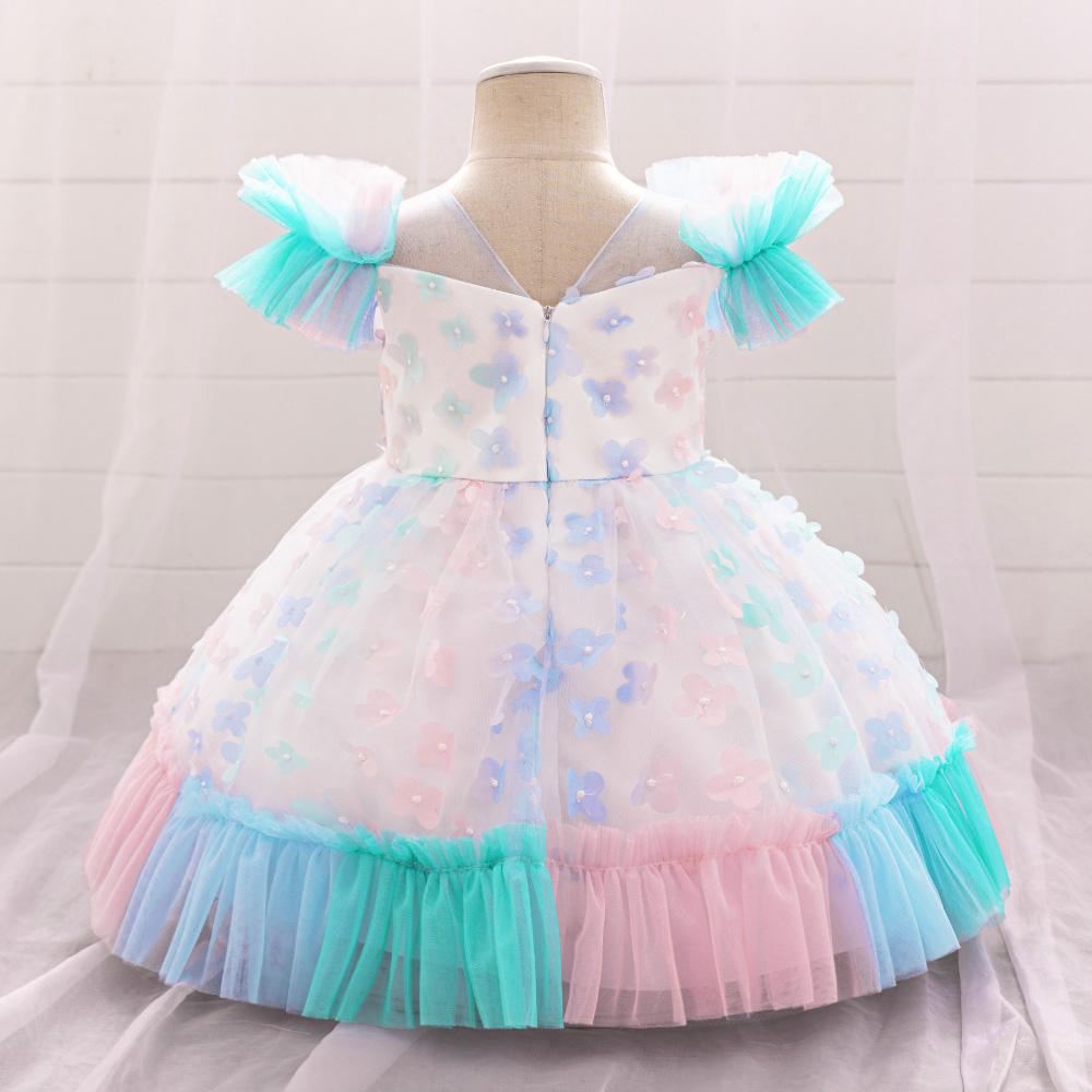 Rainbow Flower Baby Girls Party Dress Toddler Tulle Puff Sleeve 1st Birthday Wedding Princess Prom Dress Bridemaid Baby Clothing