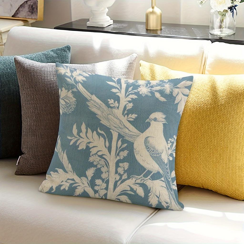 Двусторонняя синяя наволочка для декоративной подушки в стиле Toile De Jouy с изображением птиц, винтажный цветочный ботанический принт, декоративная наволочка для домашнего декора