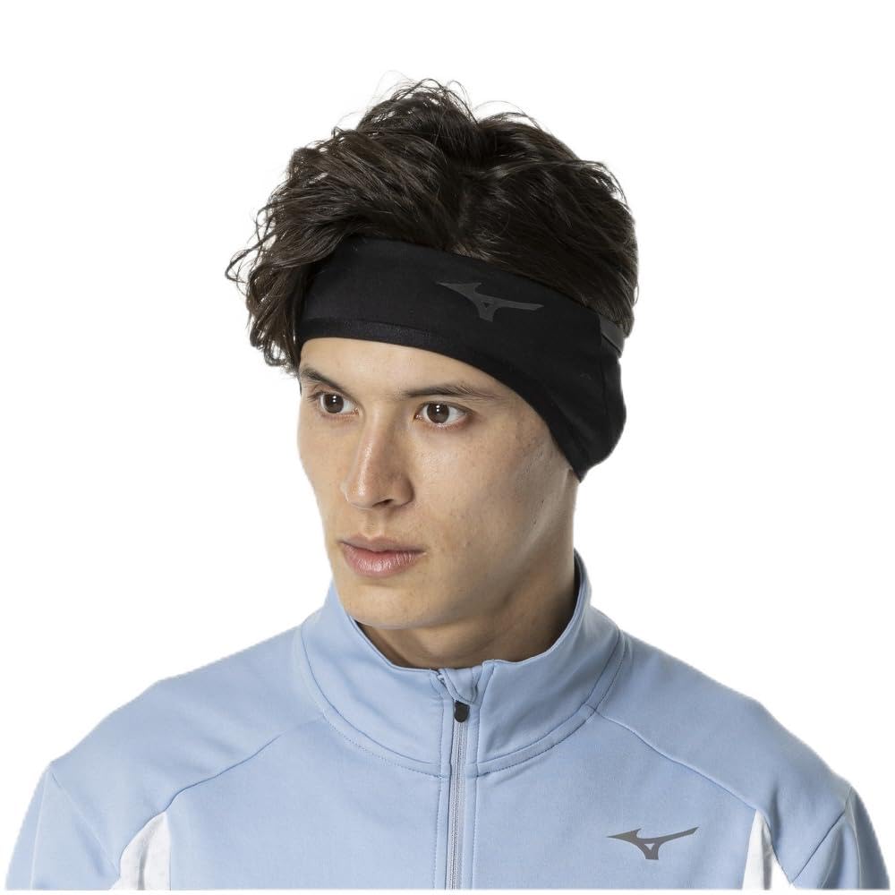 Mizuno Breath Thermo Running Reflective Black Headband, Moisture-Wicking, Heat-Generating, Cold-Weather Protection, Deodorizing, Print, J2JYB502,