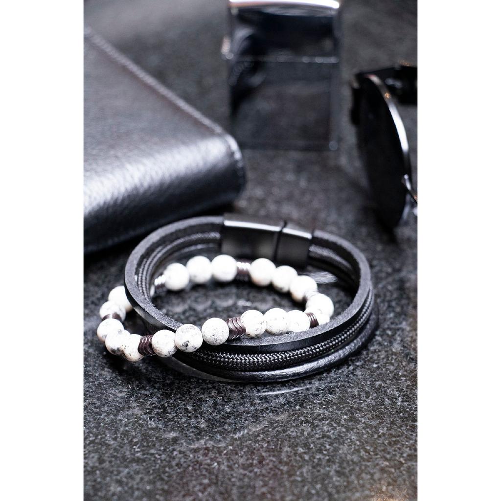 Мужской комбинированный браслет из черной натуральной кожи и гематита из натурального камня 001
