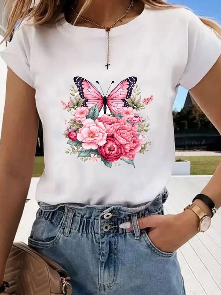 (Азиатский размер)  цветок милый тренд милый Графическая футболка Мода Т Одежда Женский топ Принт Женский Повседневный Футболки с коротким рукавом