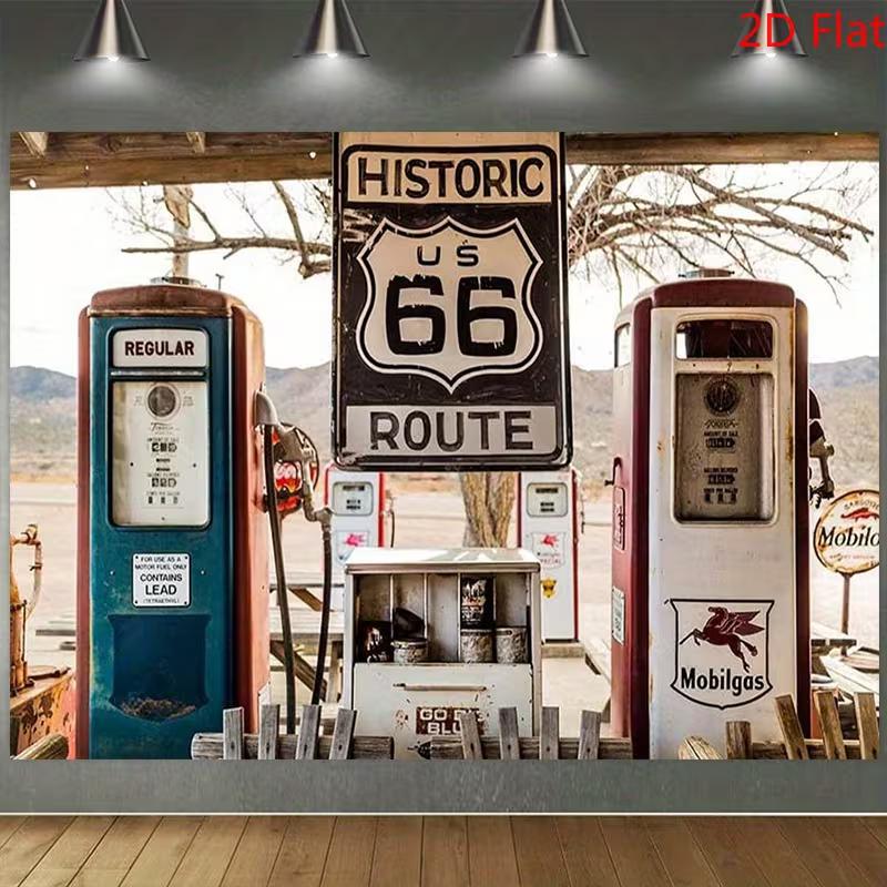 2D Retro US Route66 Antique Fuel Dispenser Outdoor Landscape 2D Flat Photography Backdrop