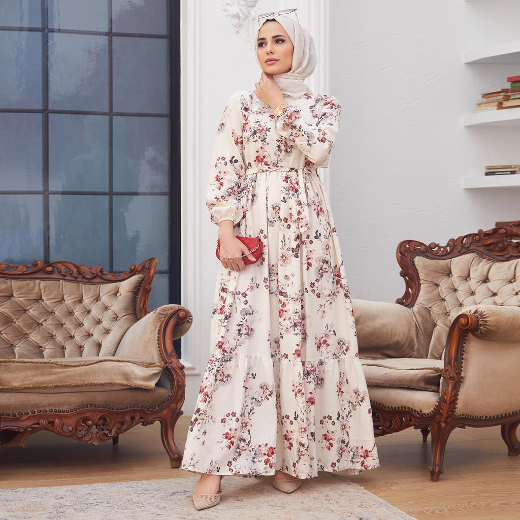 Женское льняное платье с цветочным узором, летнее исламское мусульманское платье с длинным рукавом и поясом, Абая, новый сезон, на подкладке, сделано в Турции