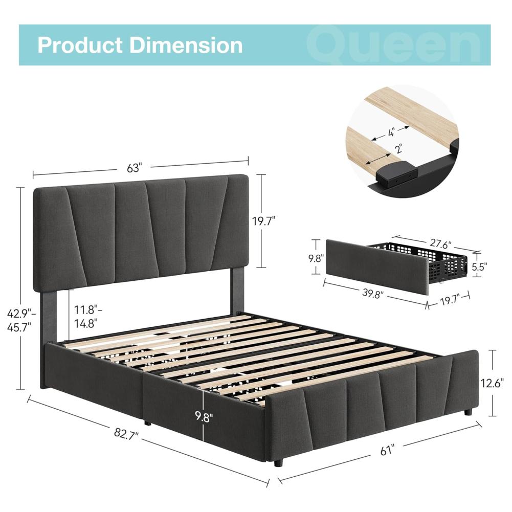 Кровать-платформа с обивкой размера «full/queen size» и ящиками для хранения вещей. Изголовье с деревянными планками. Пружинный блок не требуется.