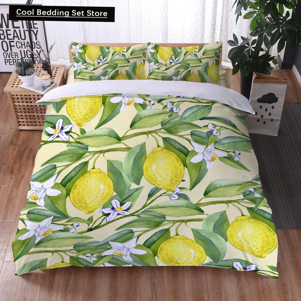 Постельный комплект с принтом лимонов Желто-зеленый Фруктовая тематика Розовый Пододеяльник Размер Кинг/Евро Милый Мультяшный 2/3 шт. Полиэстеровый Чехол для одеяла