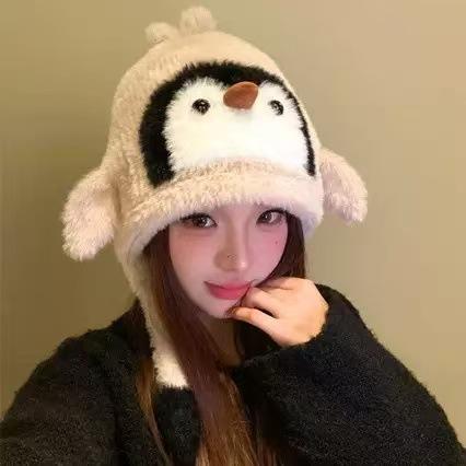 Cute penguin plush hat women's autumn and winter new thickened thermal ear protection hat versatile face small knitted pullover hat