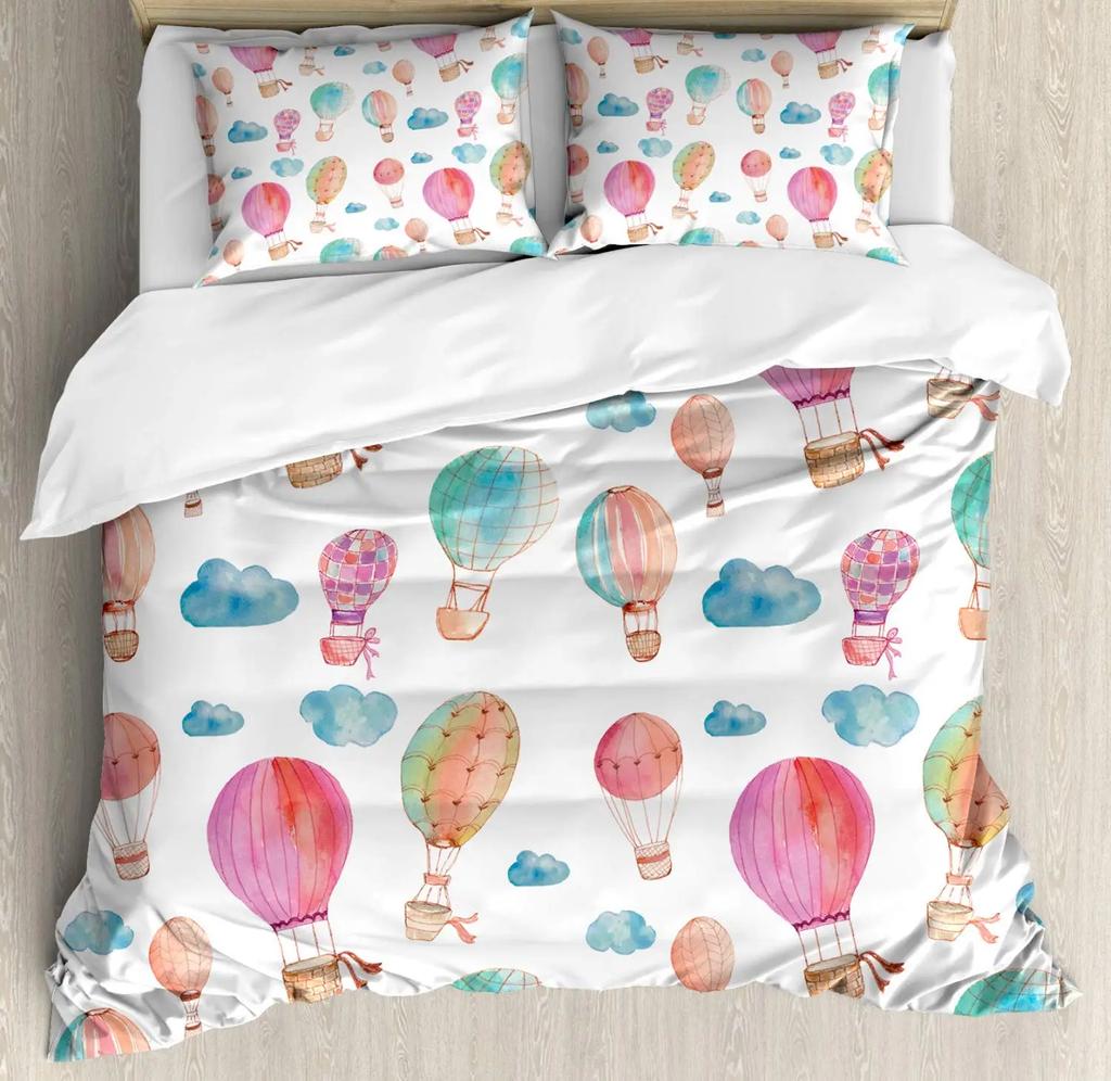 Watercolor Duvet Cover Hand Painted Style Floating Air Balloons Clouds Print Decorative Bedding Collection Blue Pink Coral Children