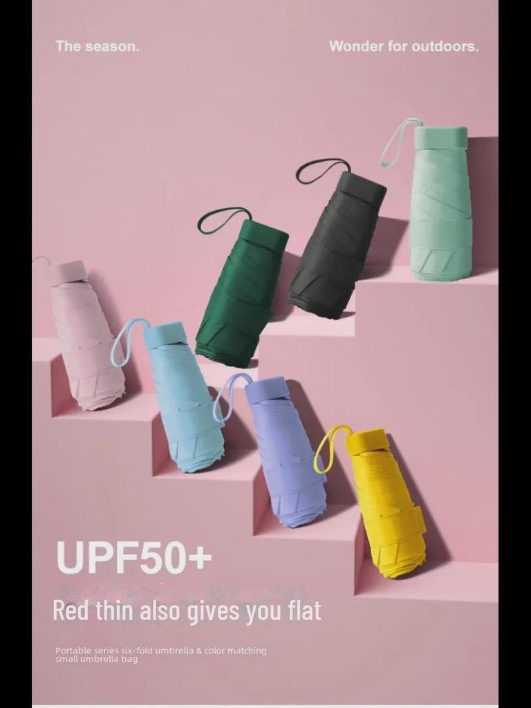 Креативный мини-зонт на клею шестикратного сложения черного цвета — компактная женская капсула для защиты от солнца и дождя, солнцезащитный экран двойного назначения.