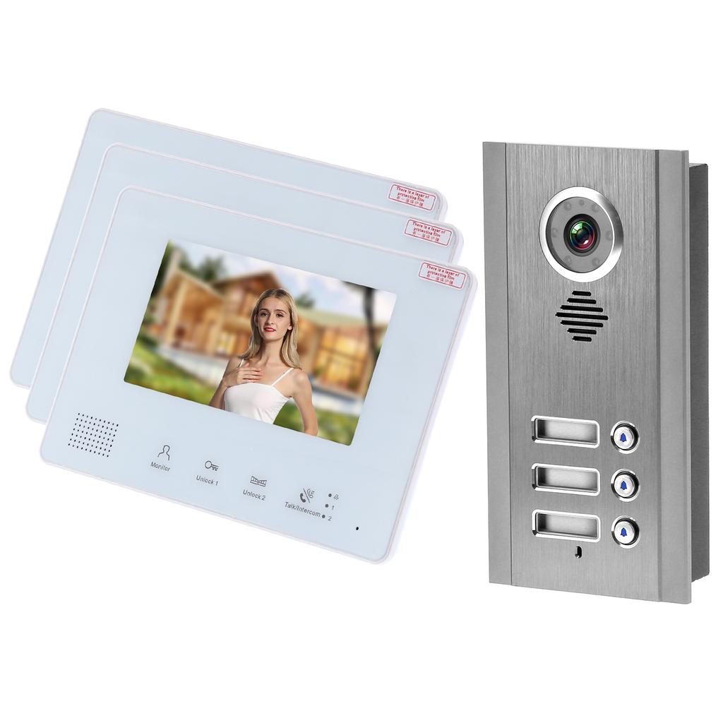 Visual Intercom Doorbell 7in TFT LCD 2 Wire Night Vision Security Door Phone 1 Camera 3 Displays