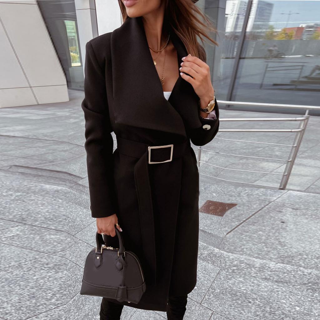 Women's Winter Long Sleeve Lapel Pocket Casual Coat Belt Woolen Coat