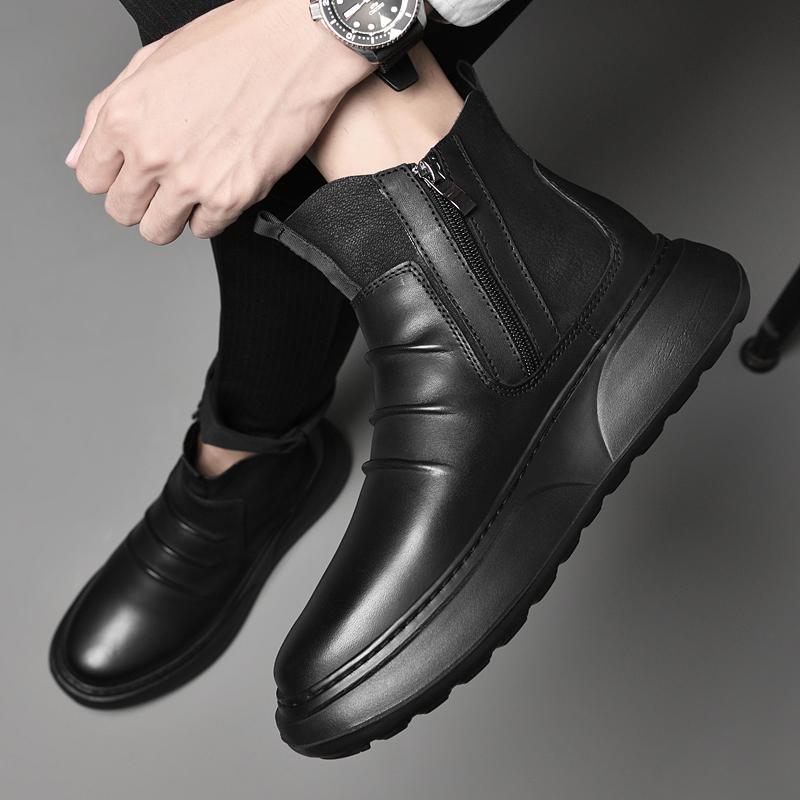 Fashion Brand Classic Black Side Zipper Winter Men's Outdoor Boots Fashion Warm Mid Top Cotton Shoe with Leather Top Layer Cowhide Boots