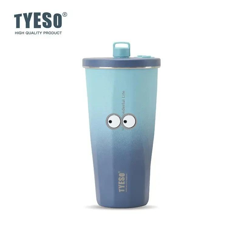 Tyeso 600ML Stainless Steel Coffee Cup With Straw Gradient Color Insulated Water Bottle Car Thermos Mug Cold Drink Vacuum Cup with Eye Sticker