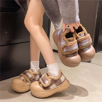 Женские бархатные туфли на толстой подошве на липучке, зима 2025, новая обувь-хлеб из овечьей шерсти, повседневные универсальные туфли с большой головой, уродливые милые туфли