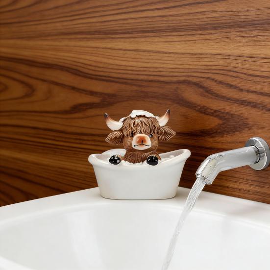 3Pcs Bathroom Highland Cow Figurine Bathing Reading Book Toilet Paper Highland Cattle Resin Statue Sculpture Decoration Ornament Calf Lovers Gifts