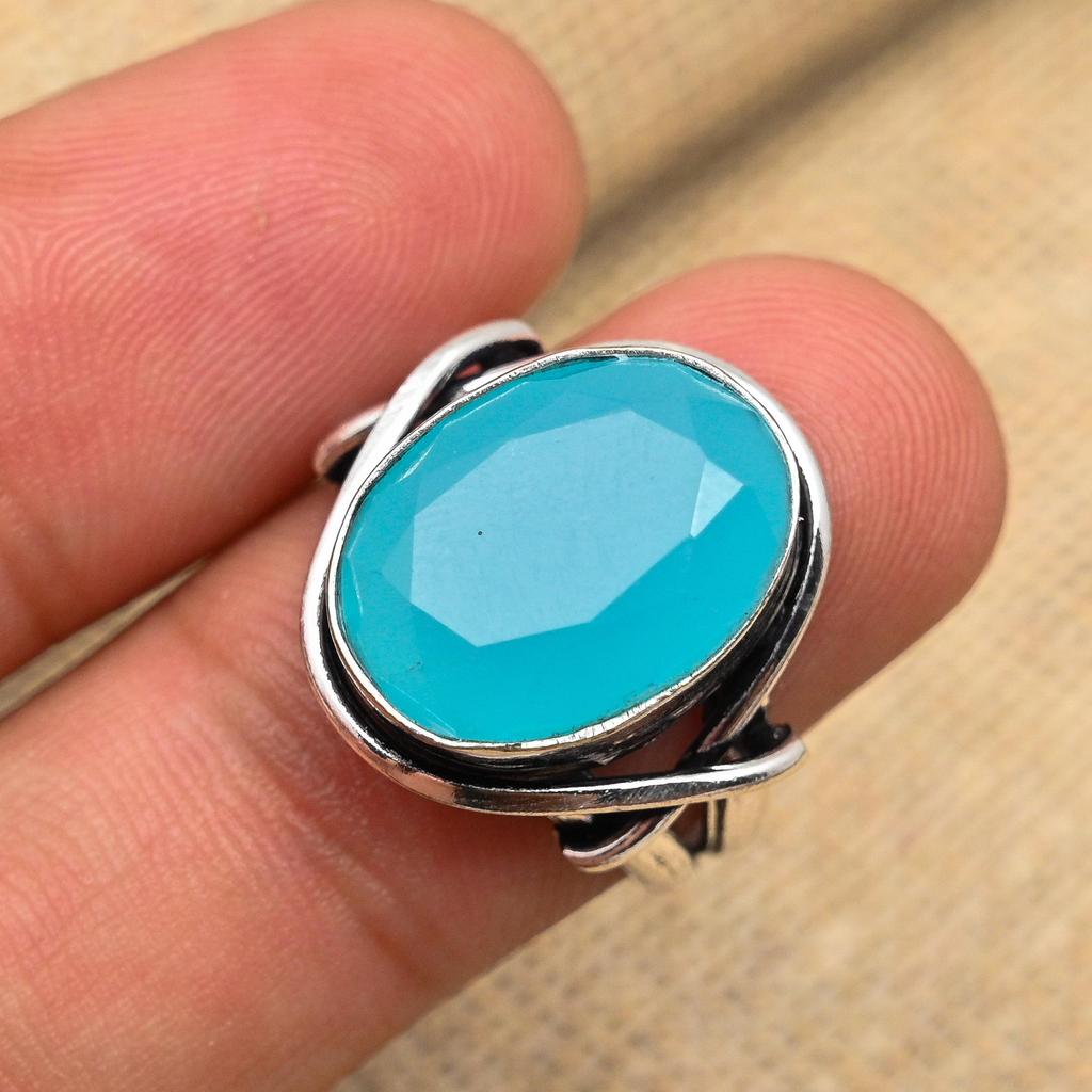 Кольцо из стерлингового серебра 925 пробы с драгоценным камнем аква-халцедона ручной работы для нее