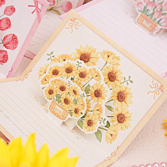 Pop-Up Greeting Card 3D Flower Bouquet Card Handmade Rose Sunflower Tulip Gift Card for Mother's Day Graduation Anniversary