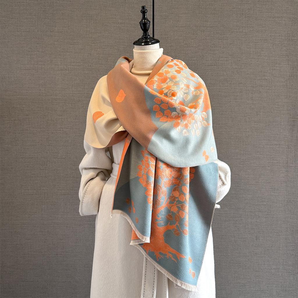 Autumn and winter popular retro style deciduous tree jacquard scarf women's warm imitation cashmere cold versatile scarf shawl