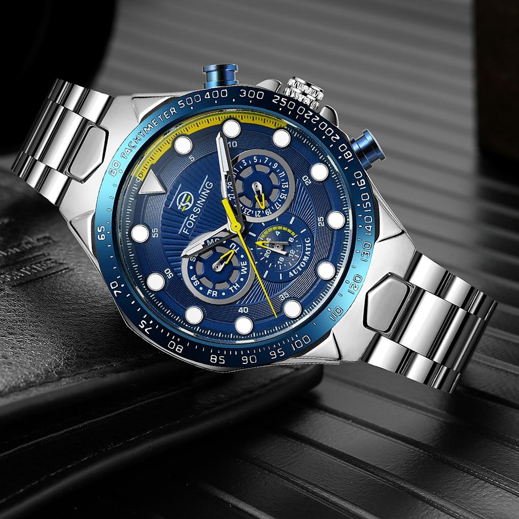 Forsining Luxury Waterproof Mechanical Large Man Watches Stainless Steel Automatic Movement Chronograph Wristwatch