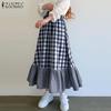 Women Casual Elastic Waist Ruffled Loose A-Line Plaid Skirt
