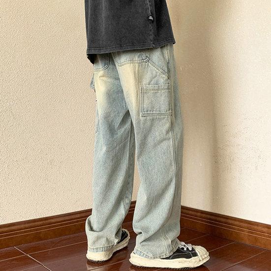 Мужские летние джинсовые брюки со средней посадкой и эластичной резинкой на талии, джинсы-карго с несколькими карманами, прямые широкие брюки High Street