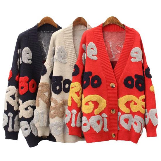 Осень-зима женский свитер пальто с буквенным узором подходящего цвета свободный толстый вязаный однобортный кардиган средней длины с длинными рукавами женский уютный свитер